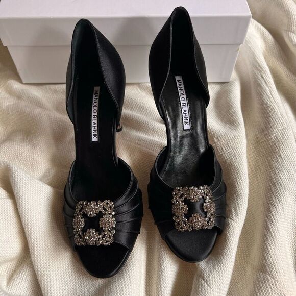 Manolo Blahnik Cassiado d'Orsay Crystal Pump Open Toe 90 mm Black Satin 36 NEW - Picture 7 of 13